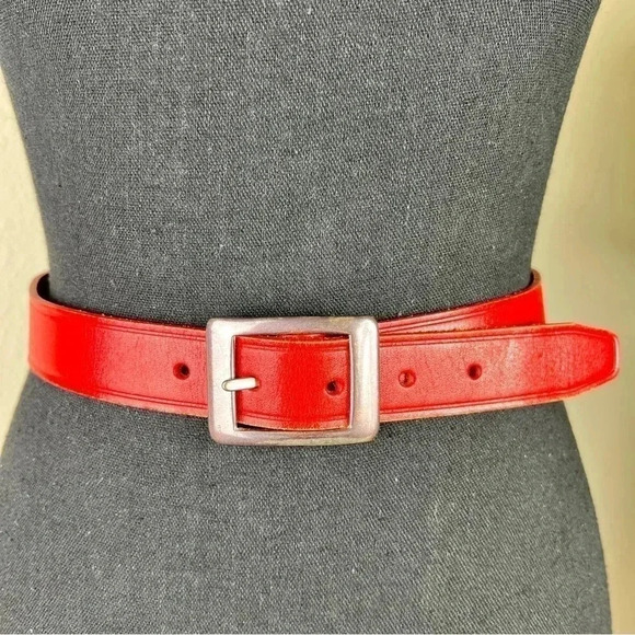 Liz Claiborne Vintage Red Leather Belt with Solid Brass Silver Brushed Buckle - Picture 2 of 16
